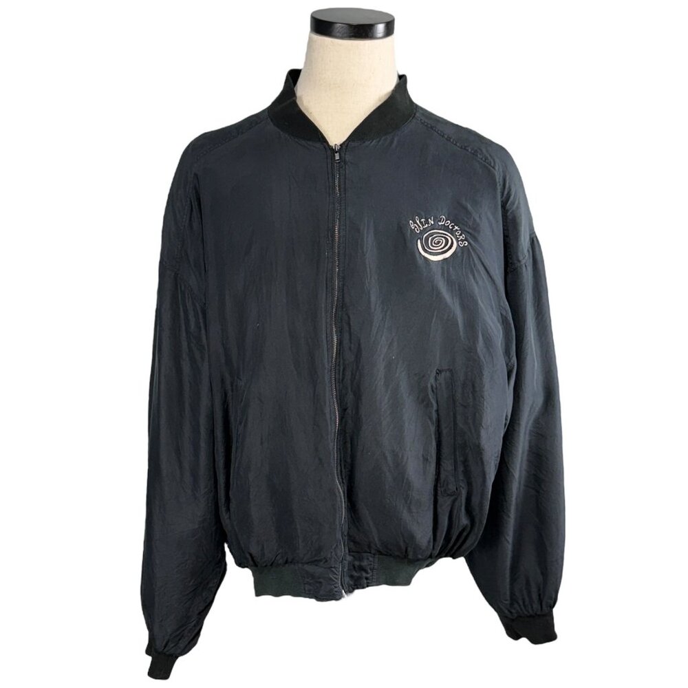 Vintage The Silker Spin Doctors Tour 100% Silk Bomber Jacket Large Black 80's